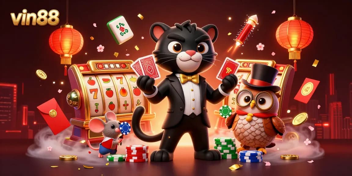 Experience thrilling gaming with vin88 in this dynamic casino scene featuring vibrant characters and game elements.