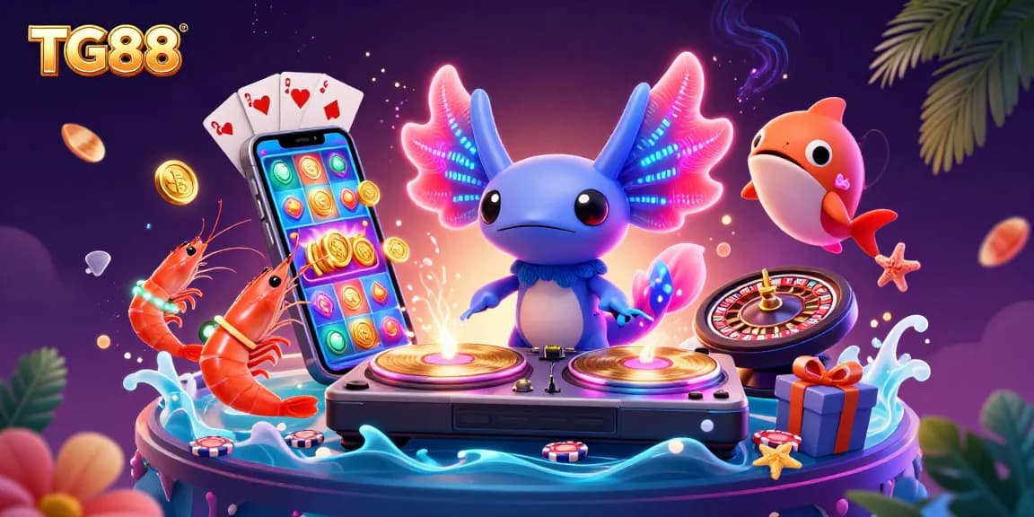 Engage with TG88's vibrant casino scene featuring a DJ axolotl and animated characters amidst dynamic slot game elements.