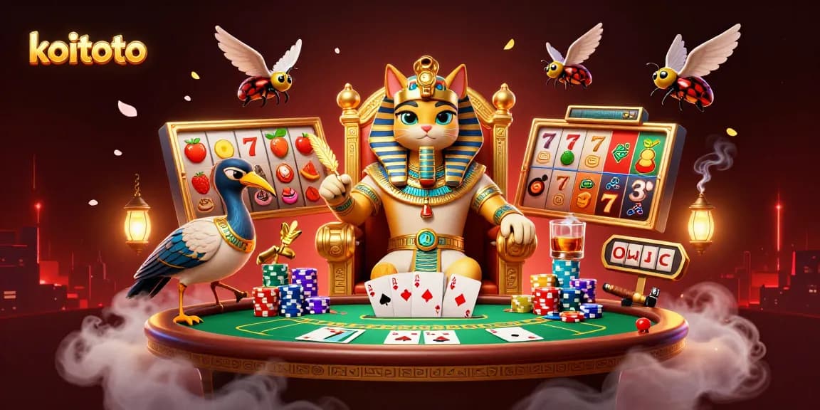 Koitoto engages players with a vibrant 3D scene of Egyptian-themed slots and poker dynamics.