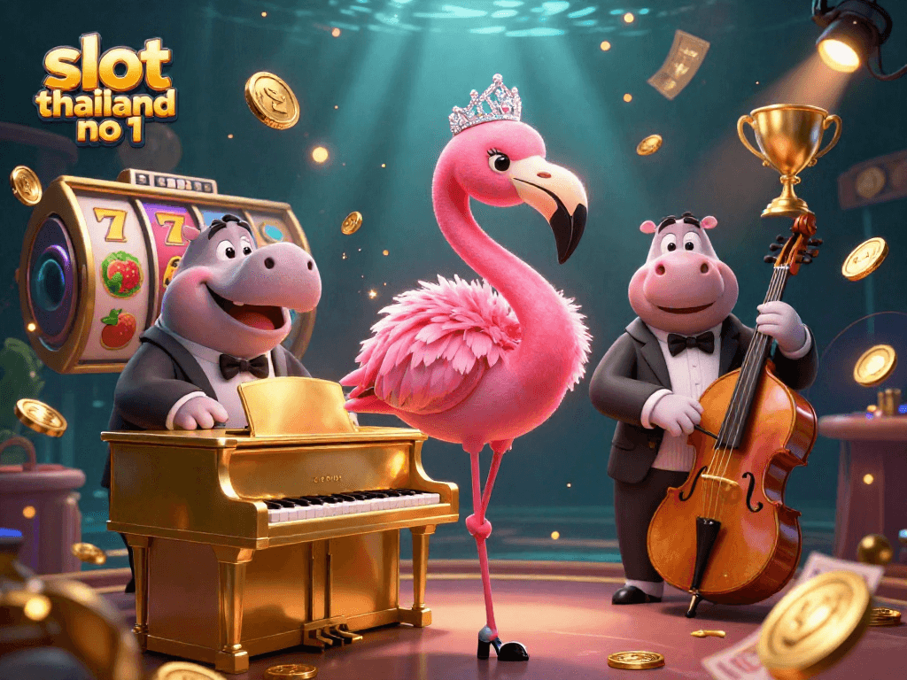 Engage with slot thailand no 1 featuring a lively casino scene of a flamingo singer and hippo bassist.