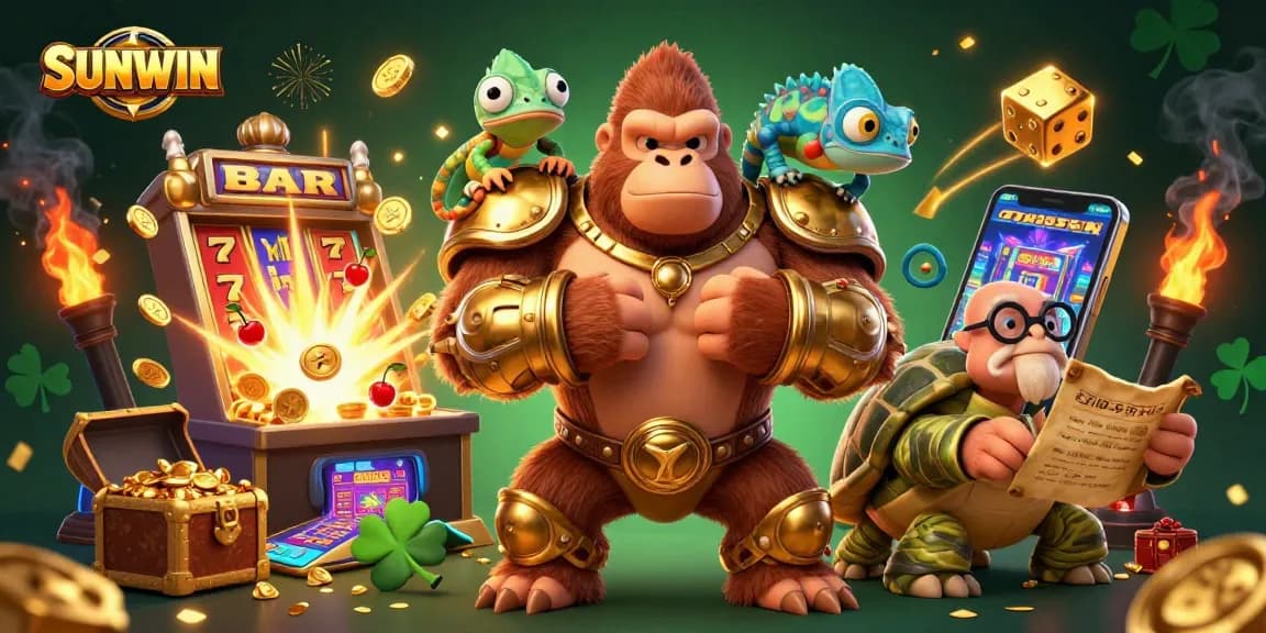 SUNWIN jackpots explode with coins as a powerful gorilla king and friends celebrate in a lively casino.
