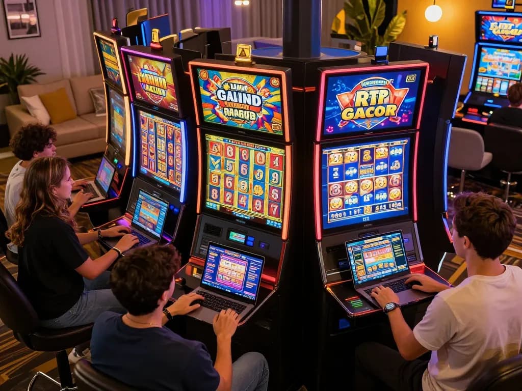 Players enjoying link slot gacor games at colorful online casino with celebrating wins