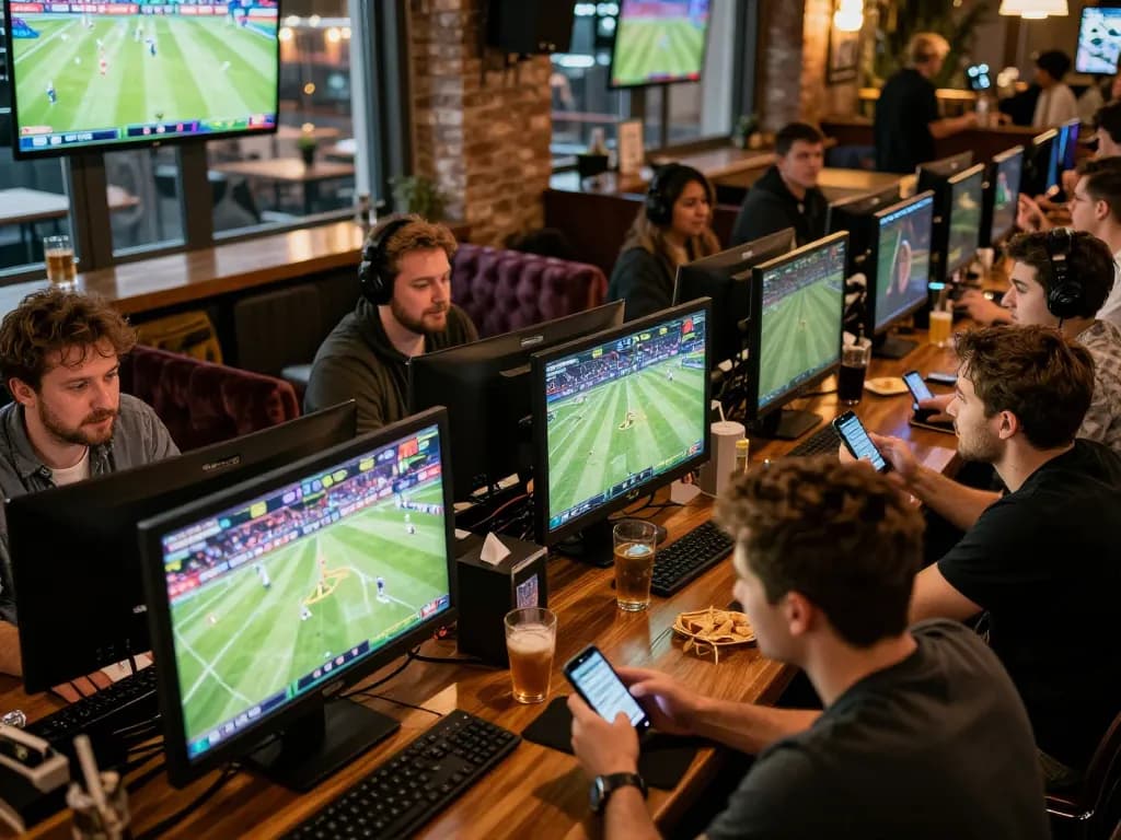 C168 sports bettors enthusiastically engaging in live event wagering with smartphones in a vibrant bar setting.