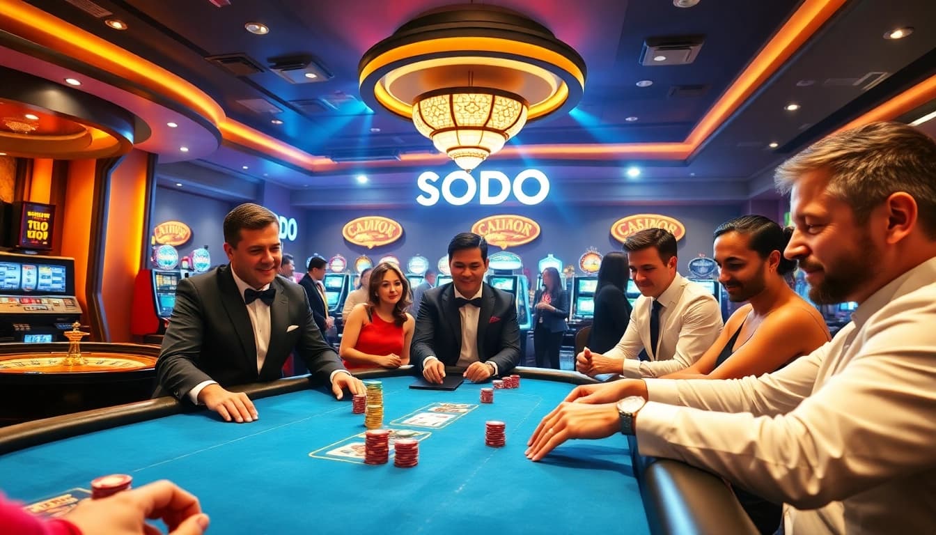 Experience the excitement at SODO CASINO with poker players engaging in an intense game.