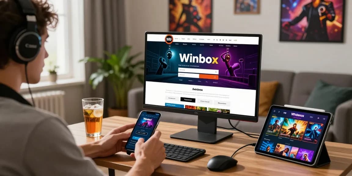 Winbox login page displayed on a computer in a cozy living room, with a player using a smartphone for gaming.