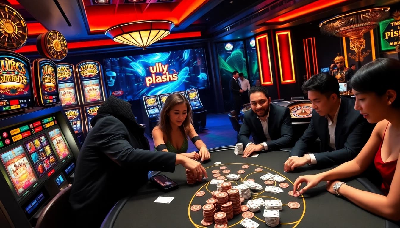 Experience the excitement of uu88 with a vibrant casino scene featuring poker tables and lively players.