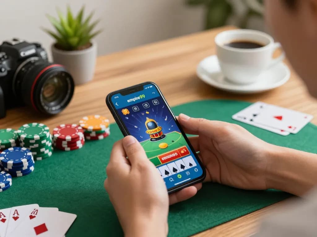 Terlibat dalam permainan mobile dengan aplikasi empire99, menampilkan kegembiraan dan strategi kasino.