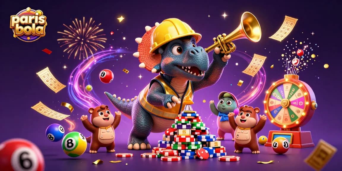 Join the excitement of parisbola with cheerful dinosaurs celebrating big wins in a vibrant casino atmosphere.