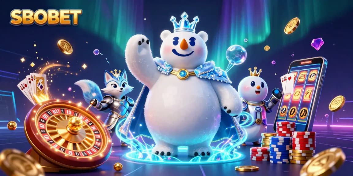 SBOBET enhances the gaming experience with a dazzling polar bear and snow fox in a magical casino setting.