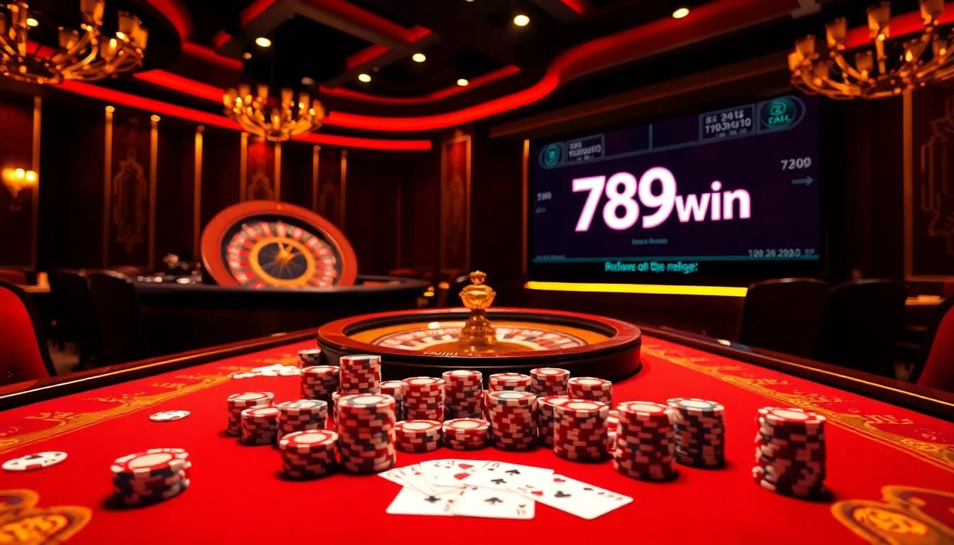Experience the excitement of 789win with luxurious casino visuals showing poker chips and roulette.