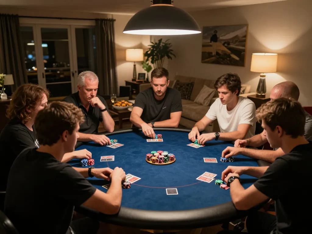 Engaging home poker game showcasing Alternatif Dewapoker strategy with players in a cozy setting.