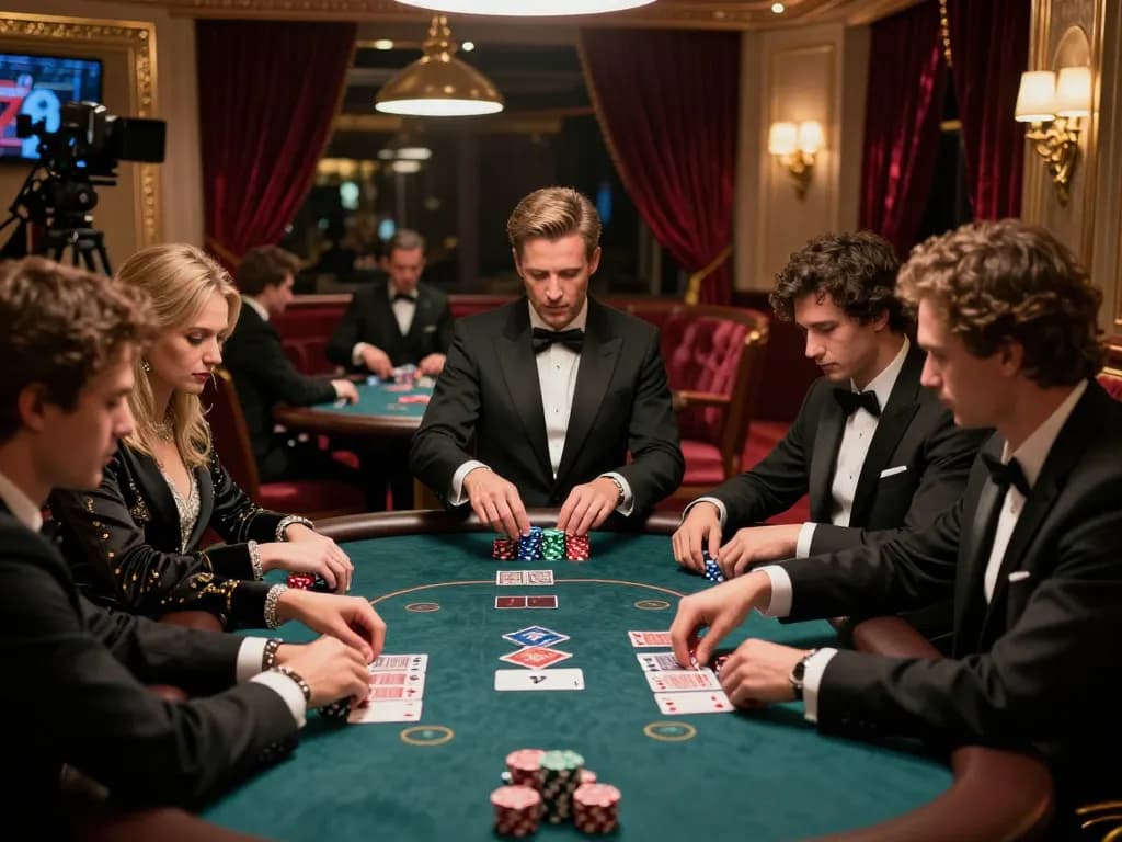 Players engaging at LV88's vibrant poker table, showcasing strategic gameplay in a luxurious environment.