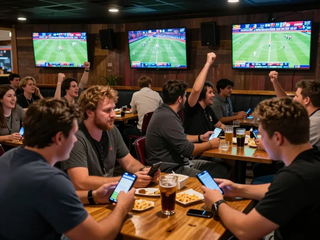 Engaged patrons placing bets on kèo nhà cái during live sports events in a vibrant sports bar.