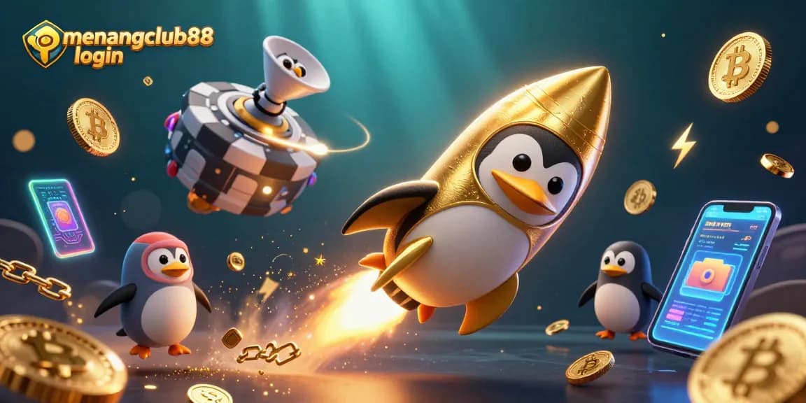 Experience the thrill of menangclub88 login with a golden penguin soaring in a casino space adventure.