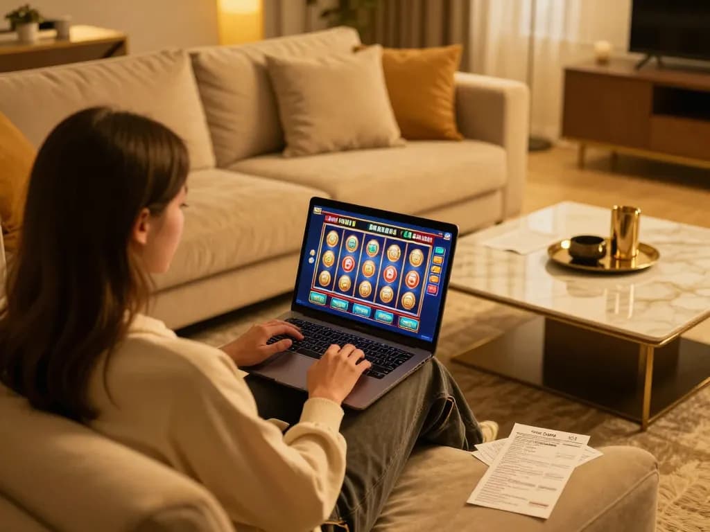 Engaged player at home using 98win for an exciting online casino experience.