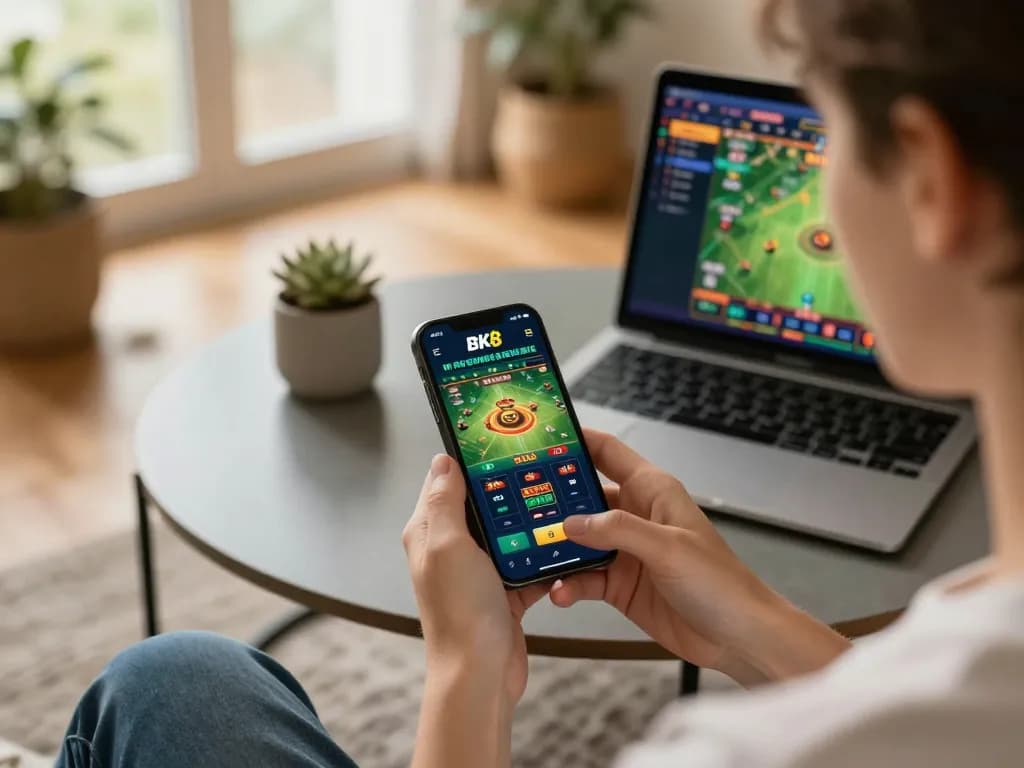 Engaging user exploring BK8's mobile casino app at home, showcasing responsible gaming.