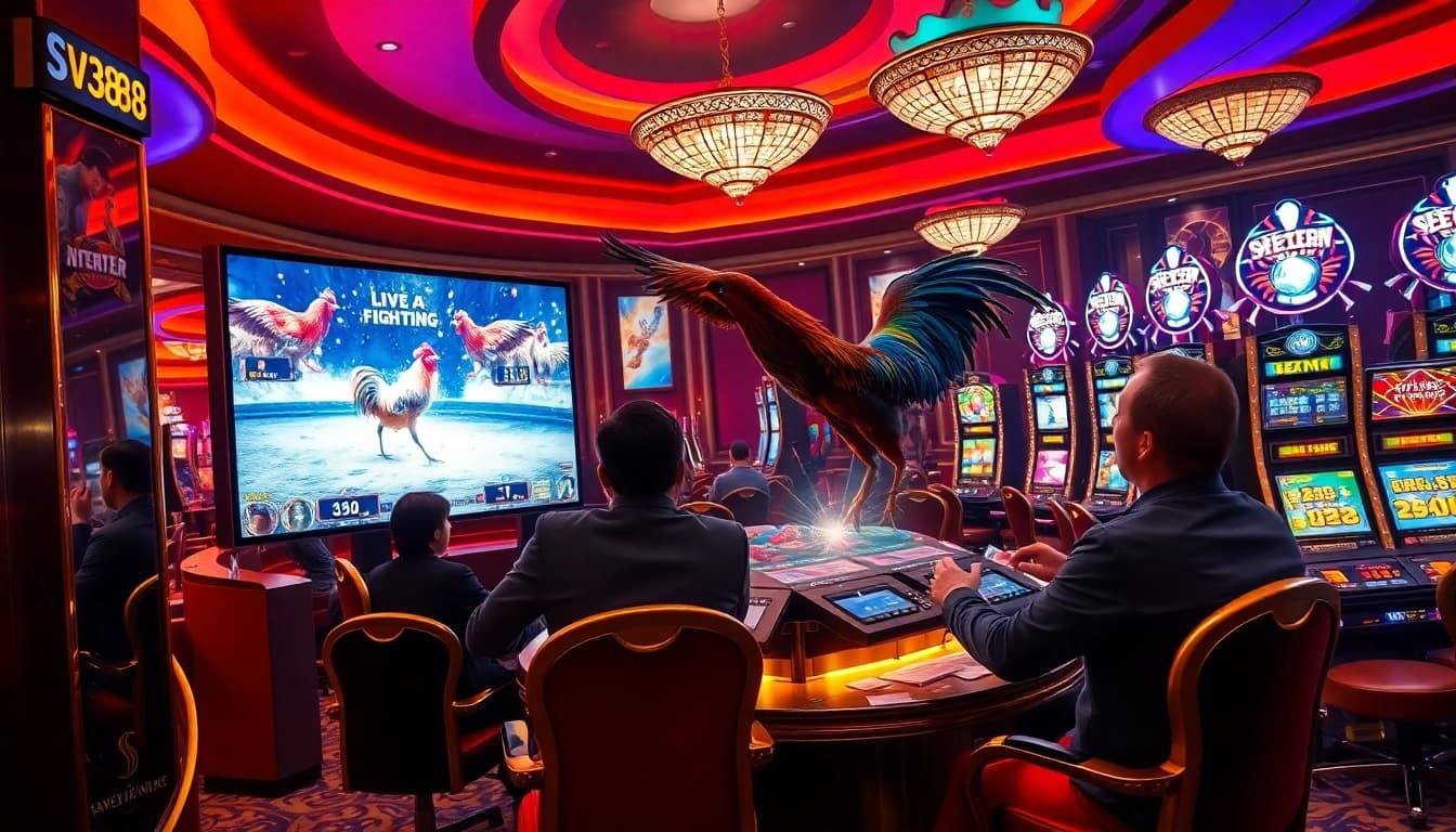 Witness trực tiếp đá gà sv388 action in a luxurious casino environment with engaging players and vibrant gaming interfaces.
