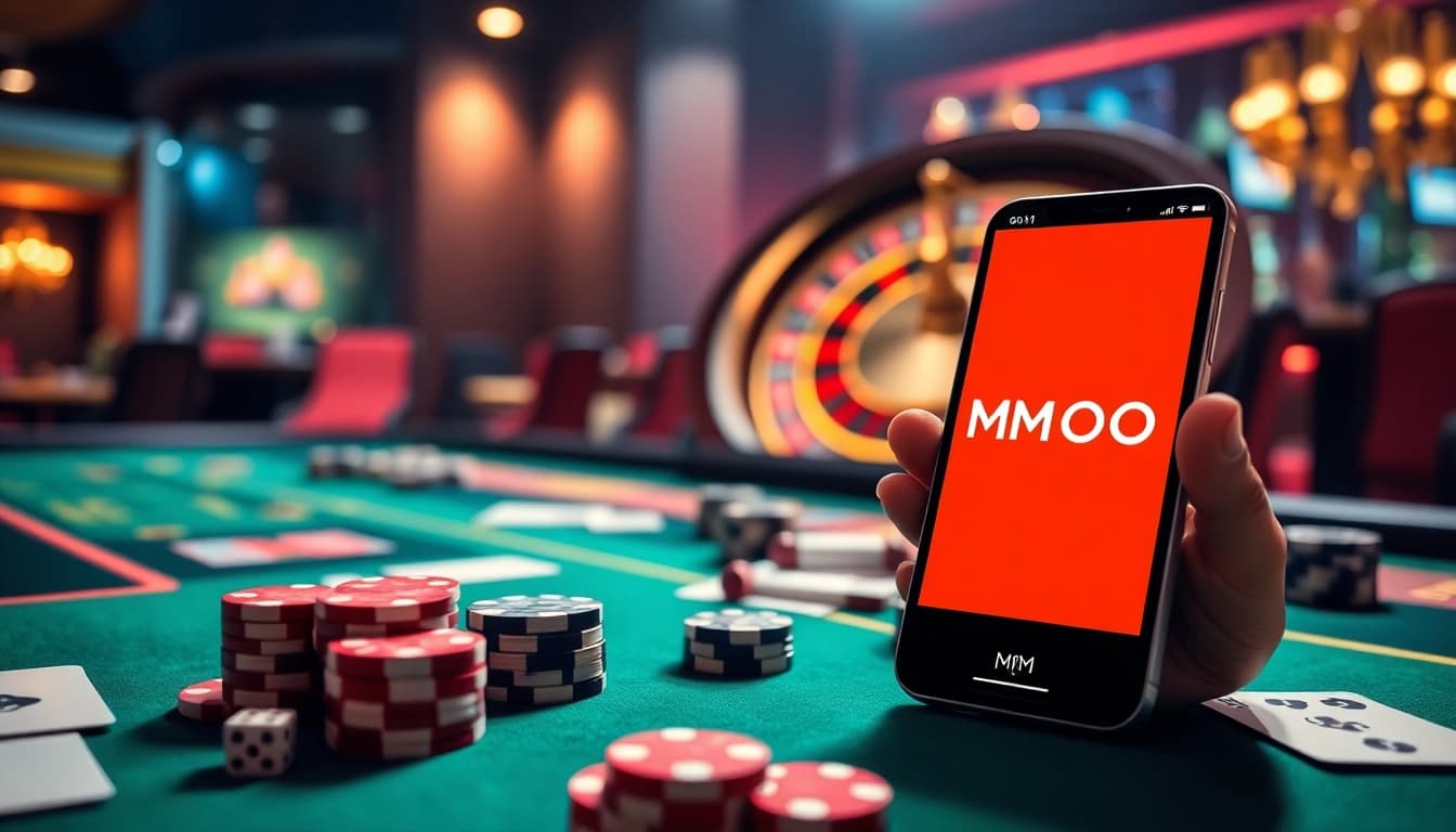 Exciting online gaming interface featuring MMOO with casino tables, cards, and roulette wheel.