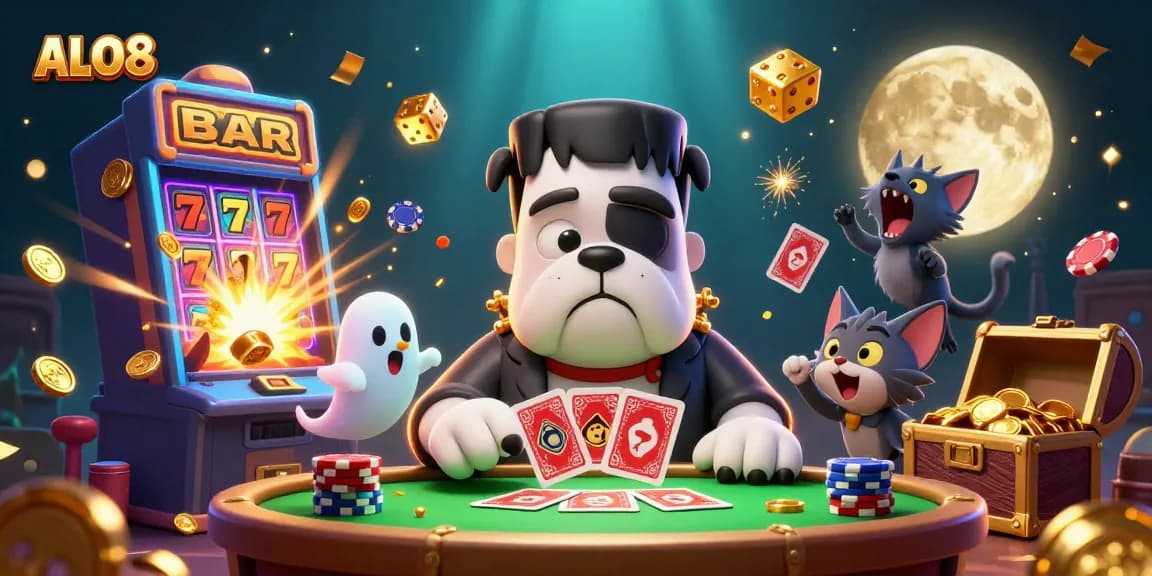 Experience exhilarating gaming at ALO8, with exciting characters and vibrant atmosphere in a lively casino scene.