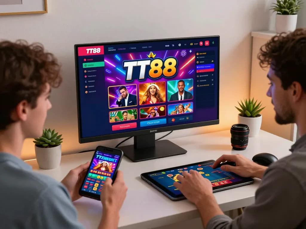 Engaged TT88 online gaming players enjoying sports and casino betting.