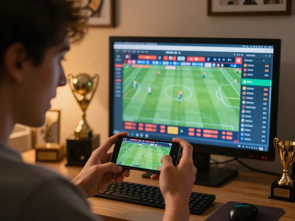 Engaged user placing bets on RR88 sports betting app, showcasing excitement in a cozy setting.