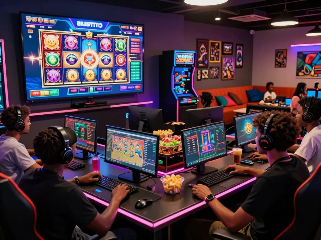 Players engaging on BIUSTOTO online slot platform in a vibrant gaming room filled with excitement and colorful slot graphics.