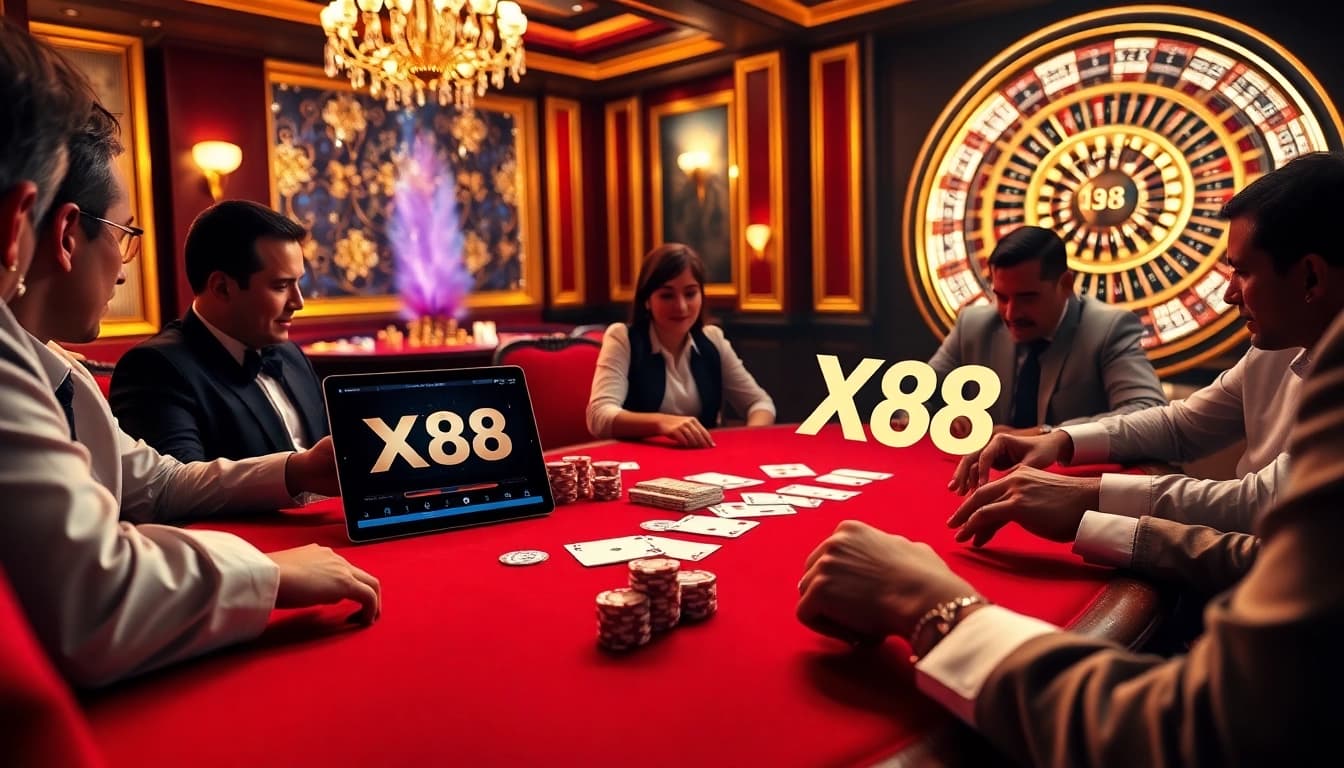 Experience excitement with XX 88 poker players strategizing high-stakes bets at elegant casino tables.