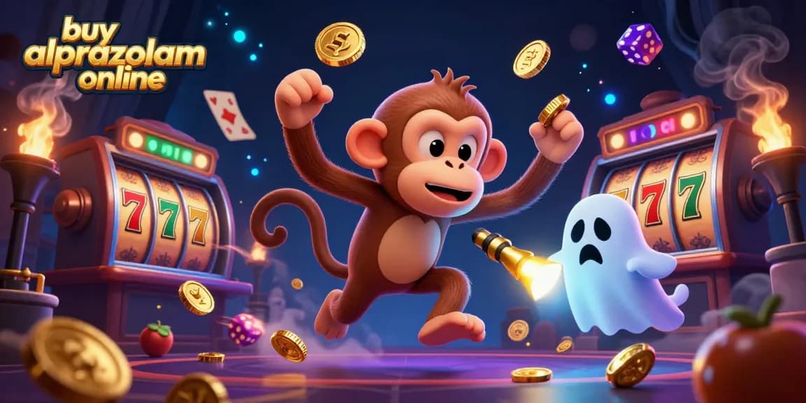 Engage with excitement and buy alprazolam online amid a vibrant casino scene featuring spinning slot reels and golden juggled coins.