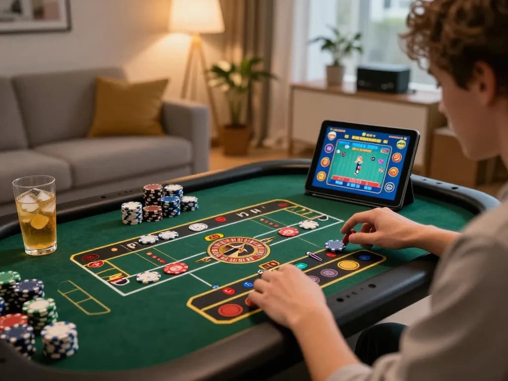 Fun88 player celebrating online roulette win in a cozy living room with gaming atmosphere.