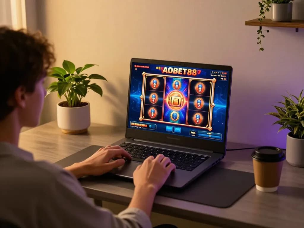 Engaging player enjoying ADOBET88 slot gaming on laptop with vibrant graphics.