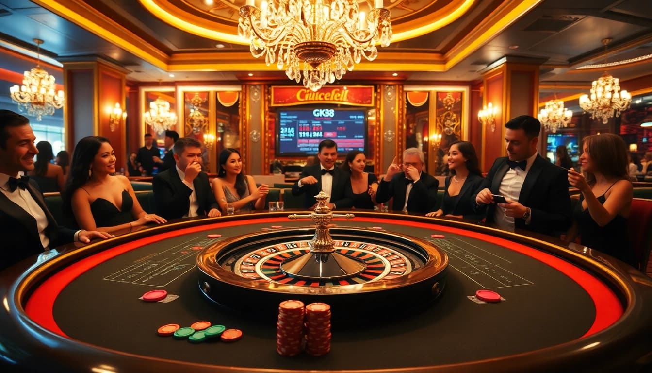 Excited players engaging at a high-stakes poker table in a luxurious casino scene showcasing GK88.