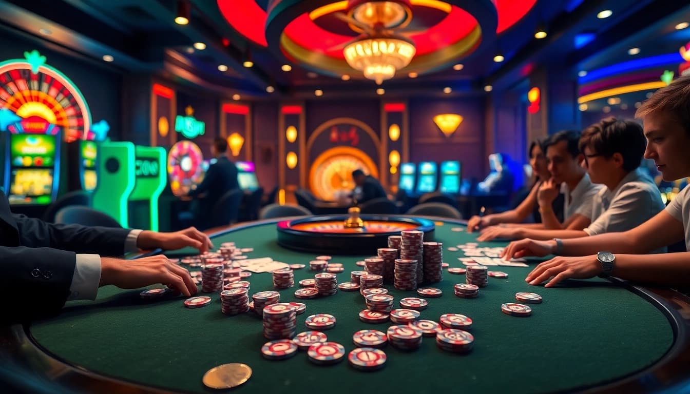 This stunning casino scene highlights intense poker action around a table, representing https://98win3h.io/ as a premier online gambling destination.