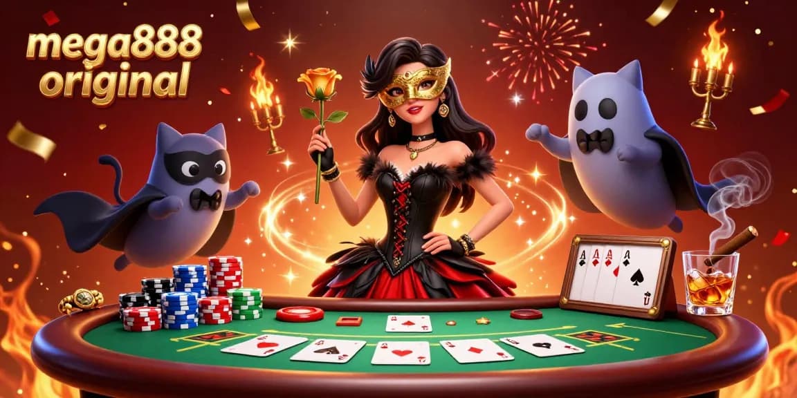 Mega888 original features a glamorous gaming scene with a masked woman, poker elements, and vibrant casino atmosphere.