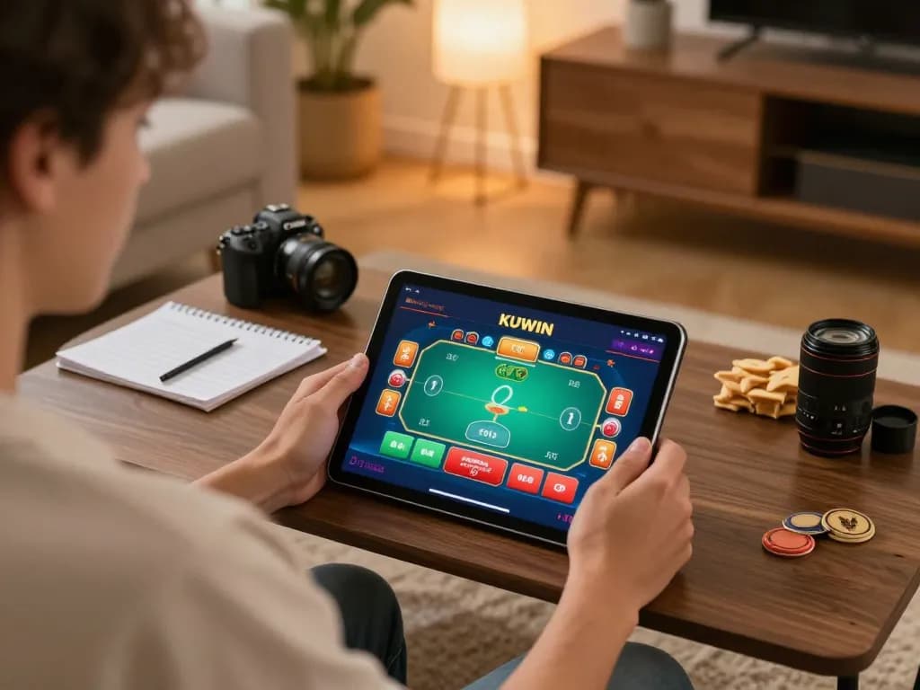 Kuwin player enjoying online poker with vibrant interface and strategic notes in cozy setup.