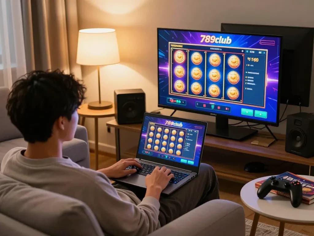 Person engaged in online casino gaming on 789club with a vibrant slot machine display in a cozy home setting.