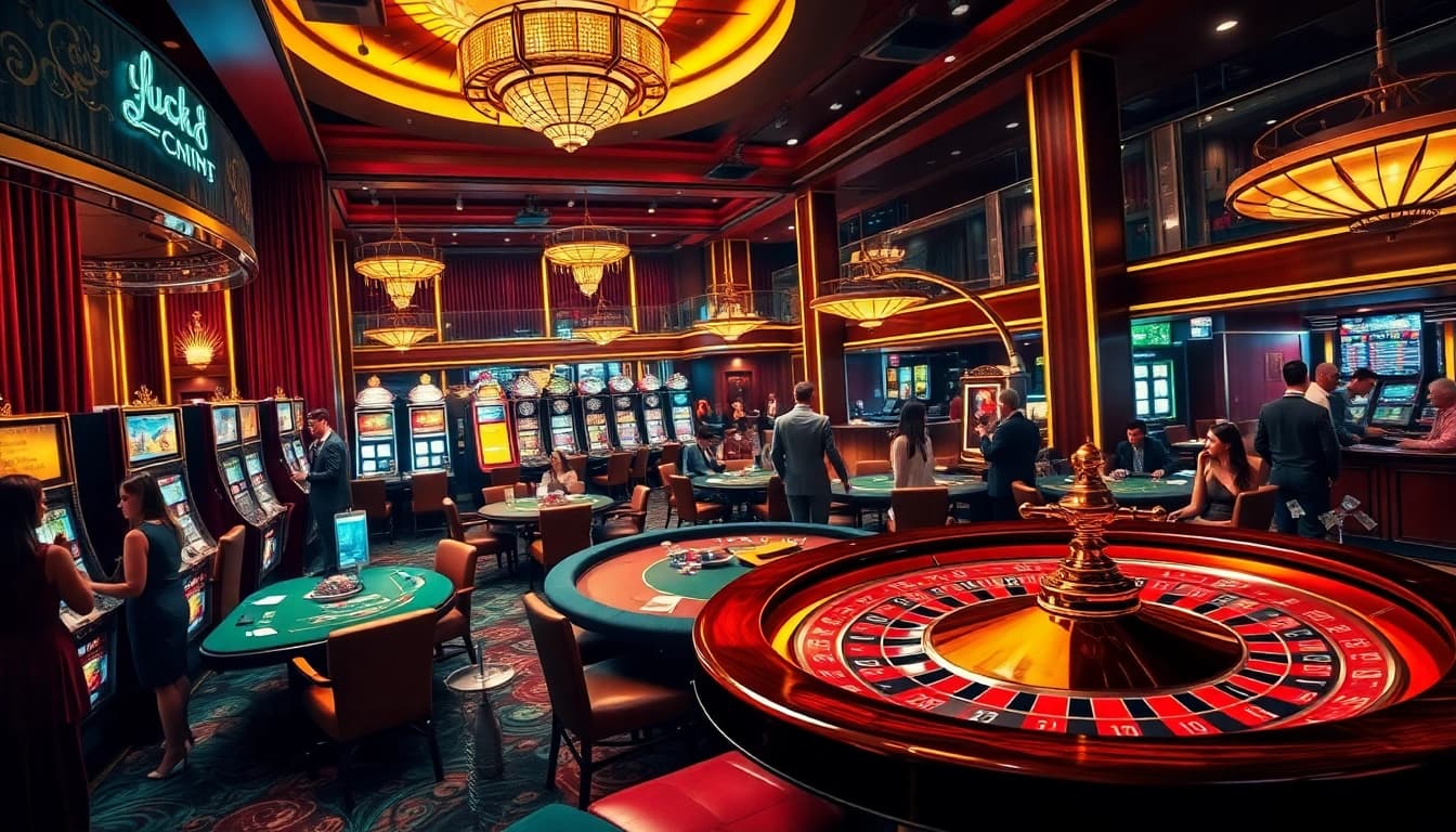 Exciting LUCK8 casino scene with players around vibrant tables and slot machines.