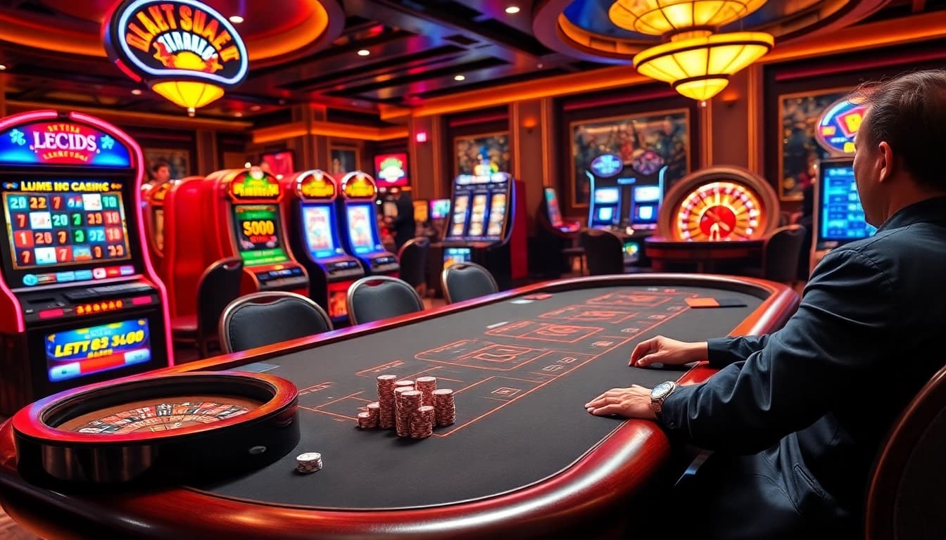 Engage in thrilling poker gameplay with leci123 at a luxury casino table surrounded by vibrant slot machines.