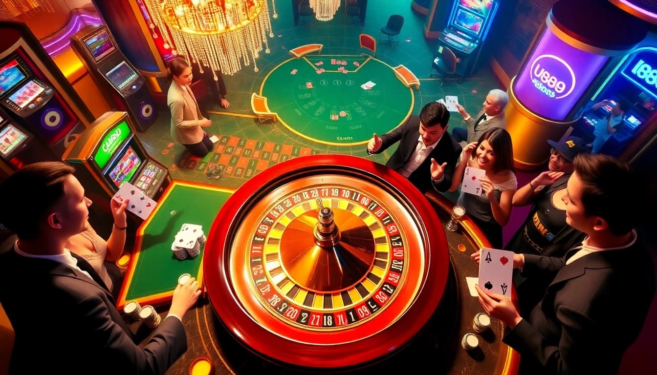 Players celebrating wins at U888's luxurious casino with roulette, poker tables, and exciting atmosphere.