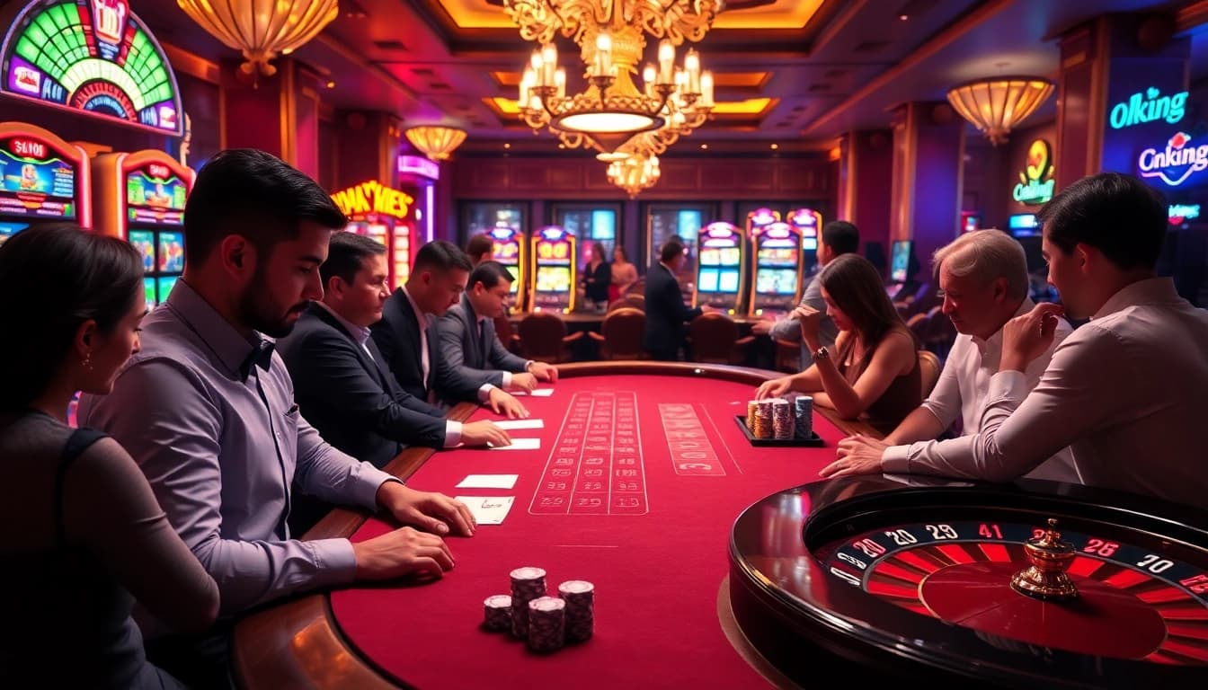 Players experiencing high-stakes excitement at Okking casino tables with chips and roulette.