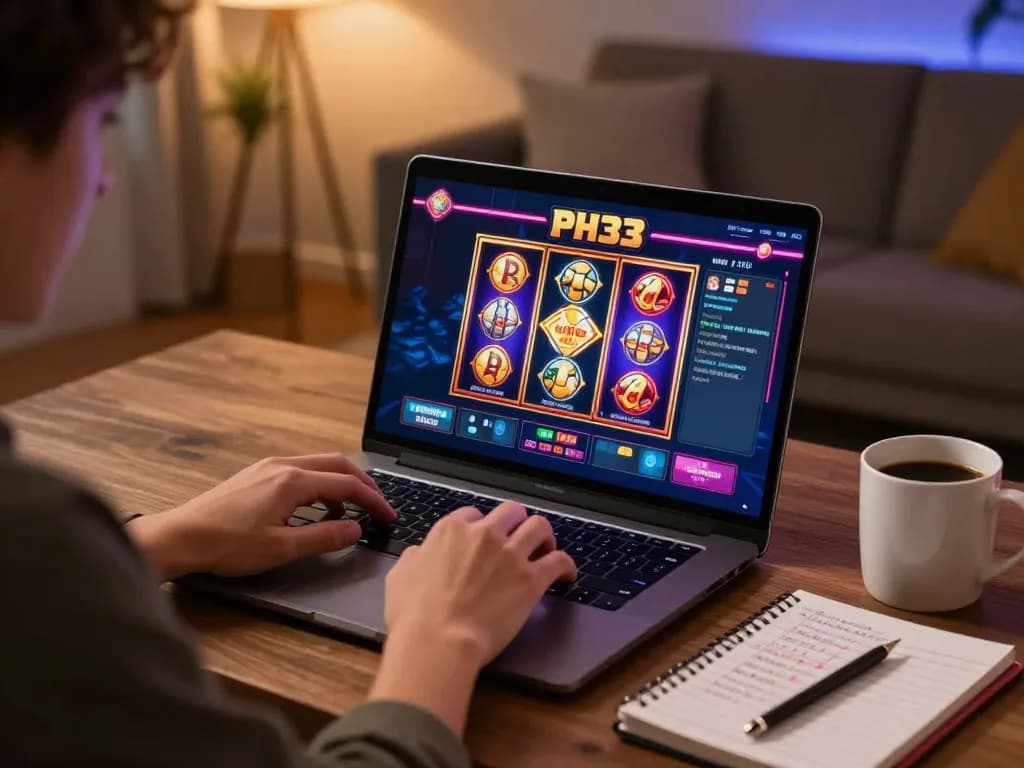 Experience thrilling online slots at PH33 as players engage with vibrant games on their devices.