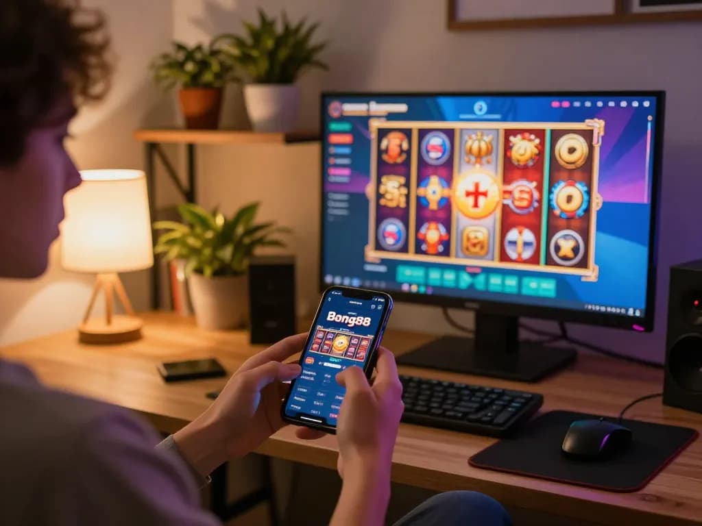 Bong88 casino app showcased on smartphone during gameplay in cozy home environment