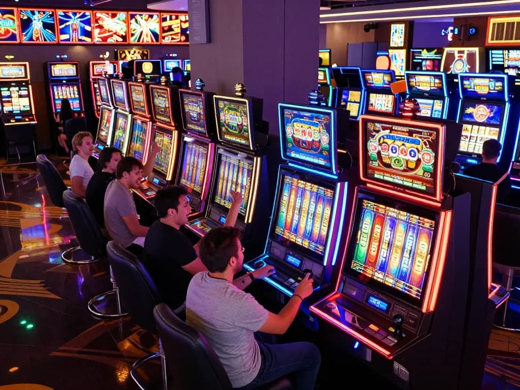 Players revel in the excitement of NK88 slot machines with vibrant displays and celebrations.
