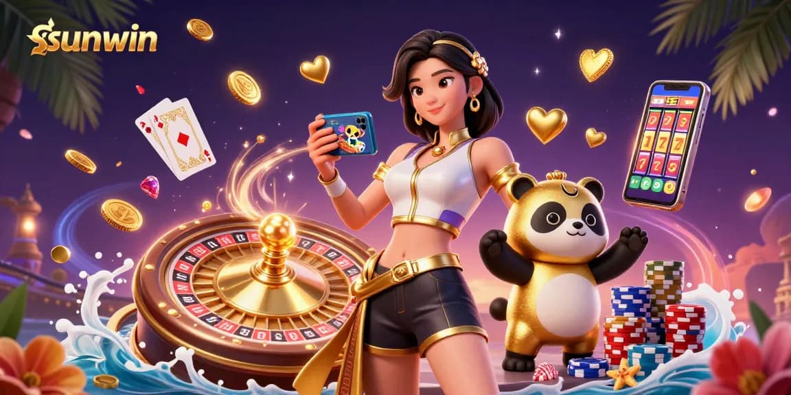 Experience sunwin with immersive gaming, featuring dynamic 3D illustration of casino action.