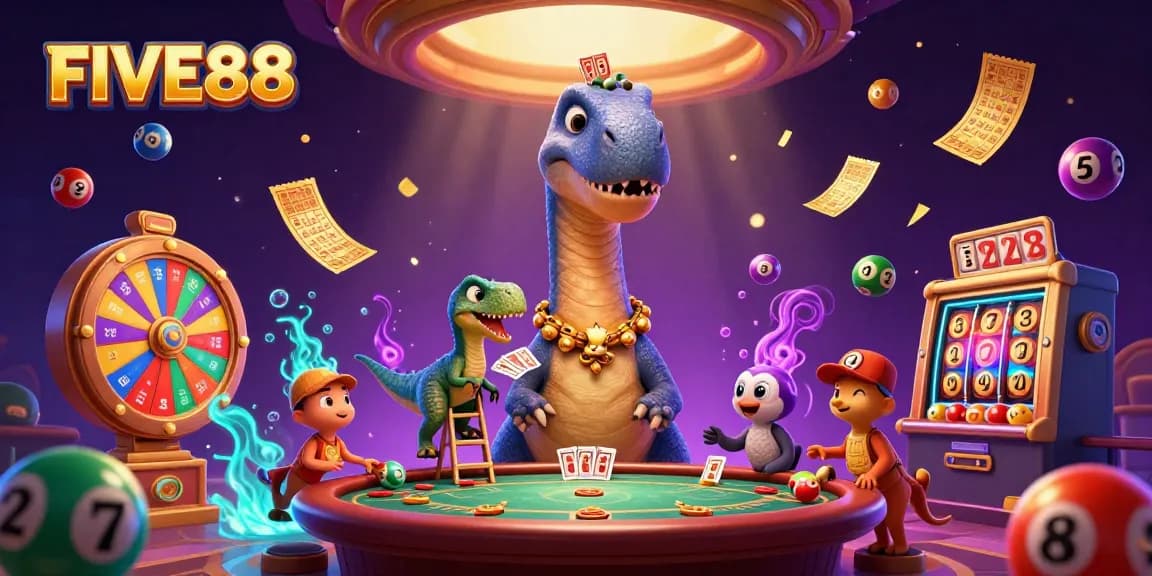 Engage in thrilling casino action with FIVE88 featuring a giant brontosaurus and dynamic game elements.