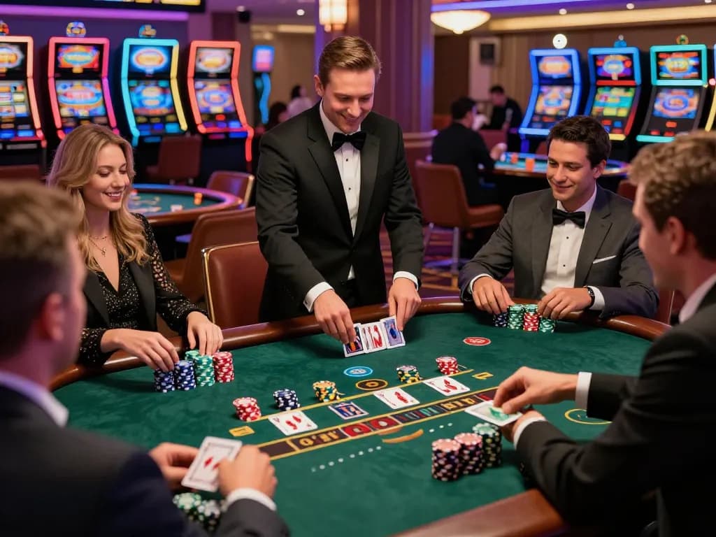 Players engaged in a thrilling blackjack game at the casino floor, highlighting nohu excitement and strategic betting.