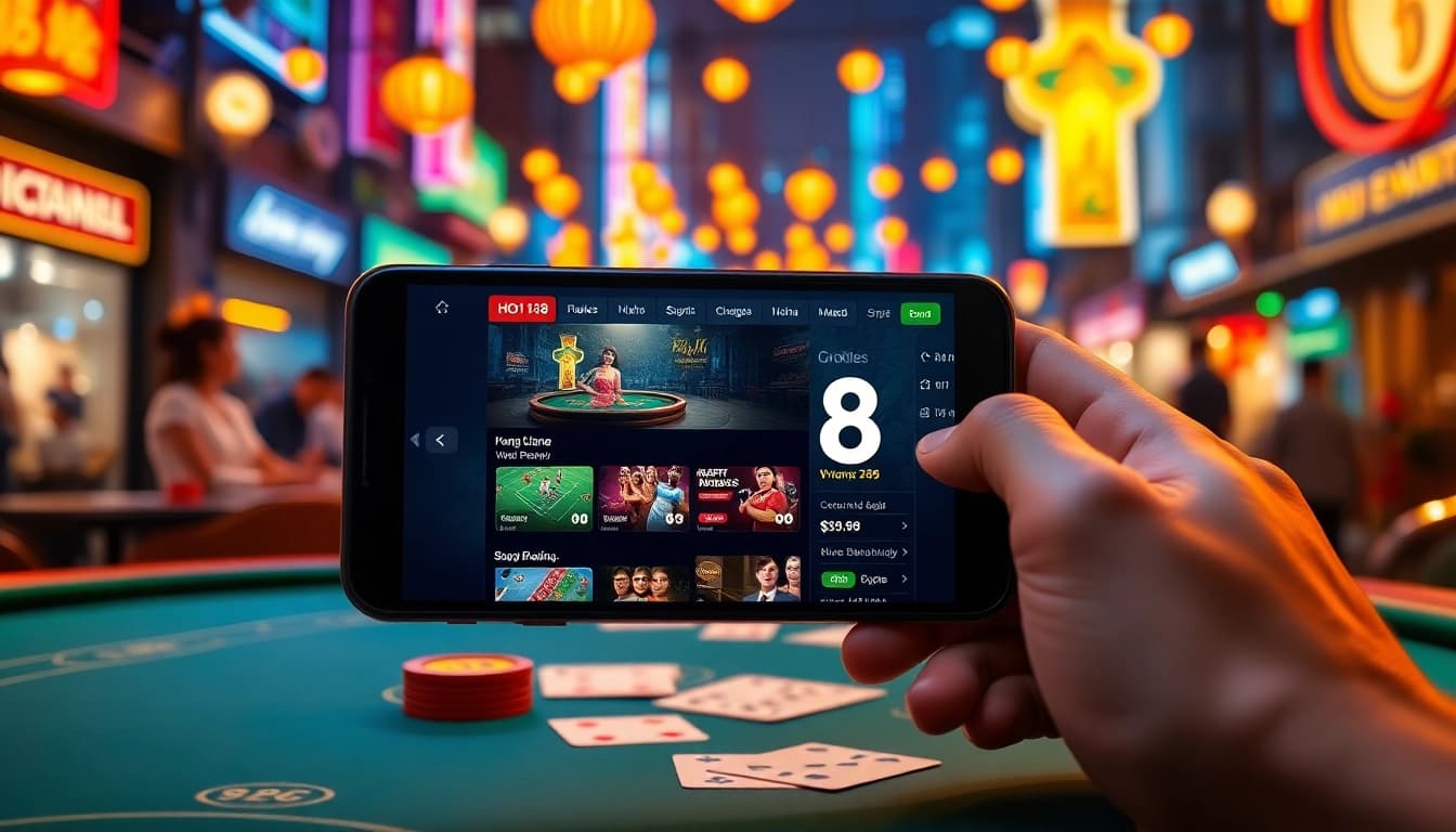User engaging with the Ho88 app on a mobile device amidst a vibrant Vietnamese nightlife.