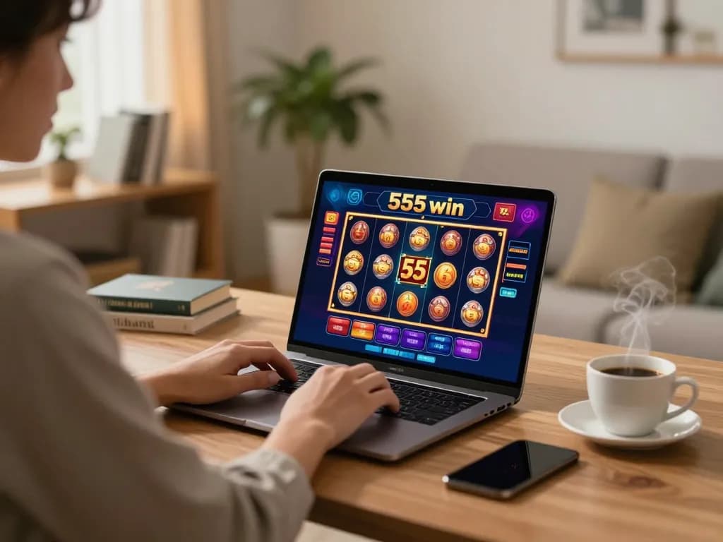 Player engaging with the 555win online casino platform from a cozy home setup, showcasing gaming excitement