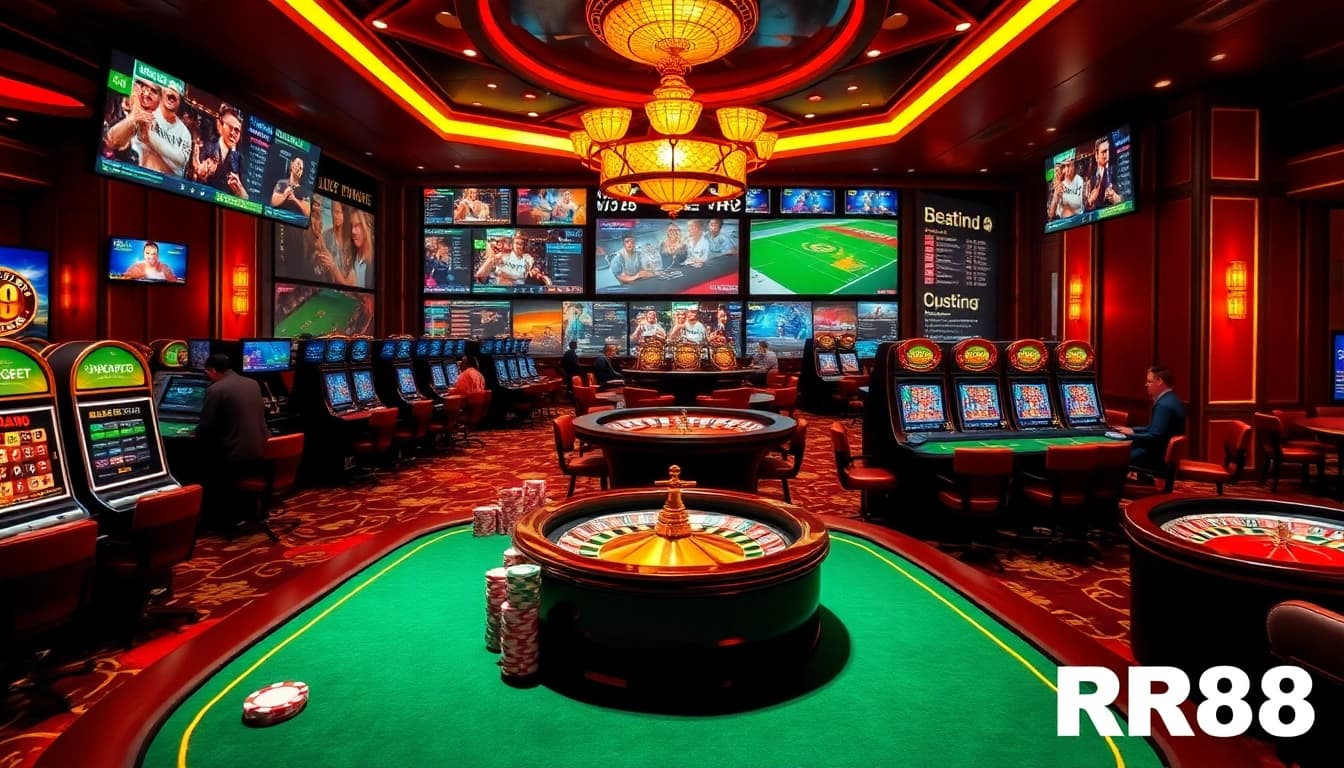 Players engaging at RR88's luxurious casino tables with vibrant gaming elements.