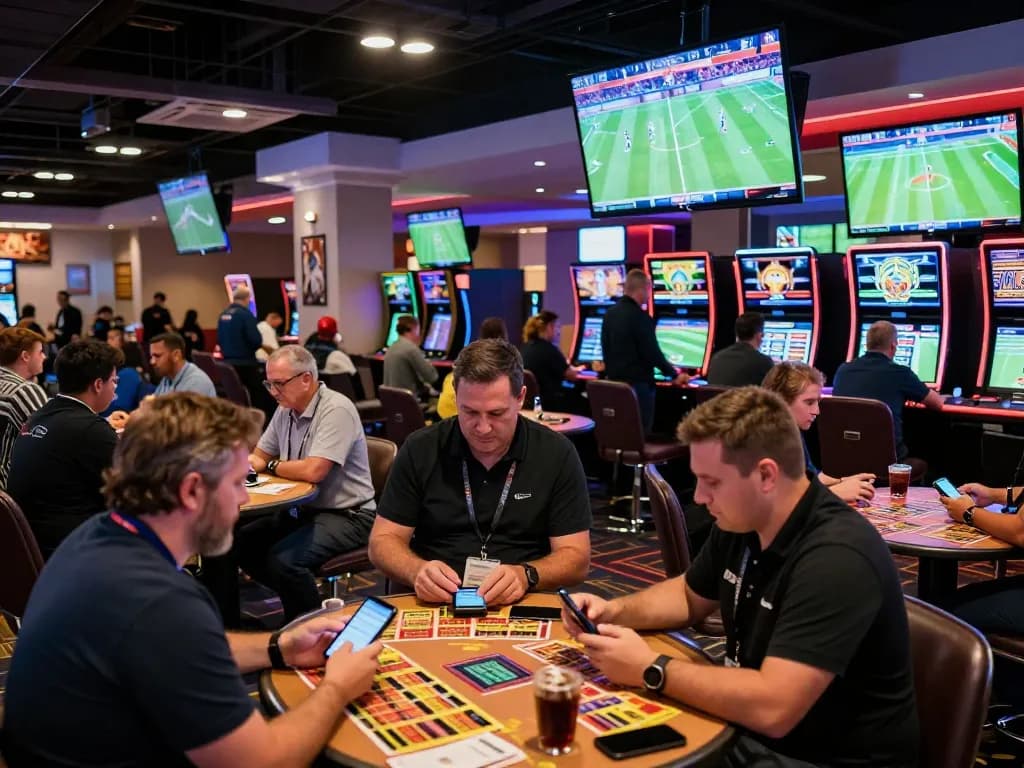 Excited bettors engaging with Parlay Skor88 for live sports betting in a vibrant casino environment