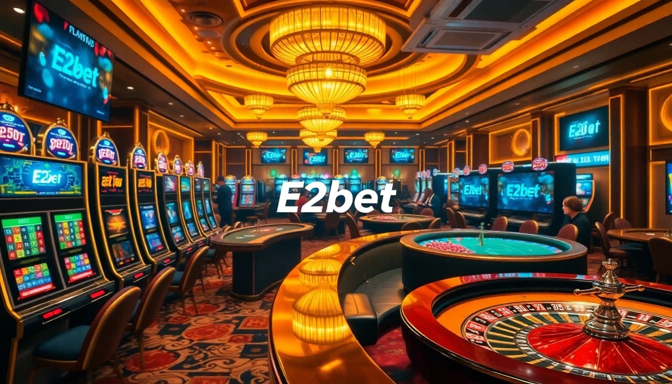 Experience the excitement of E2bet with players enjoying a vibrant casino atmosphere full of games and gambling elements.